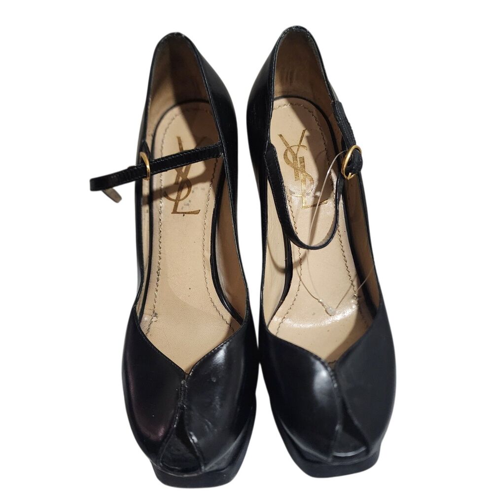 Yves Saint Laurent Black Leather Platform Heels Ankle Strap Gold Size EU‎ 36